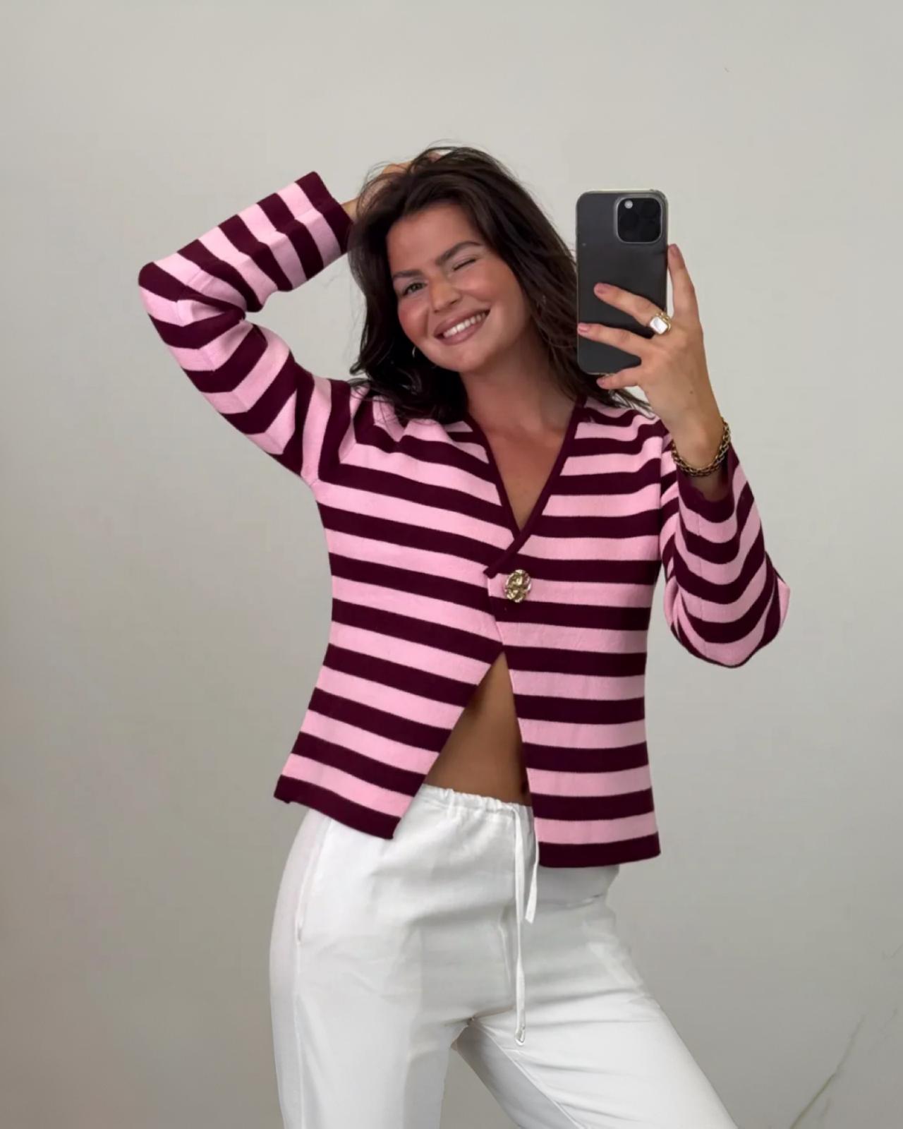 FEINER STRICK PULLOVER "FIONA" BERRY GESTREIFT