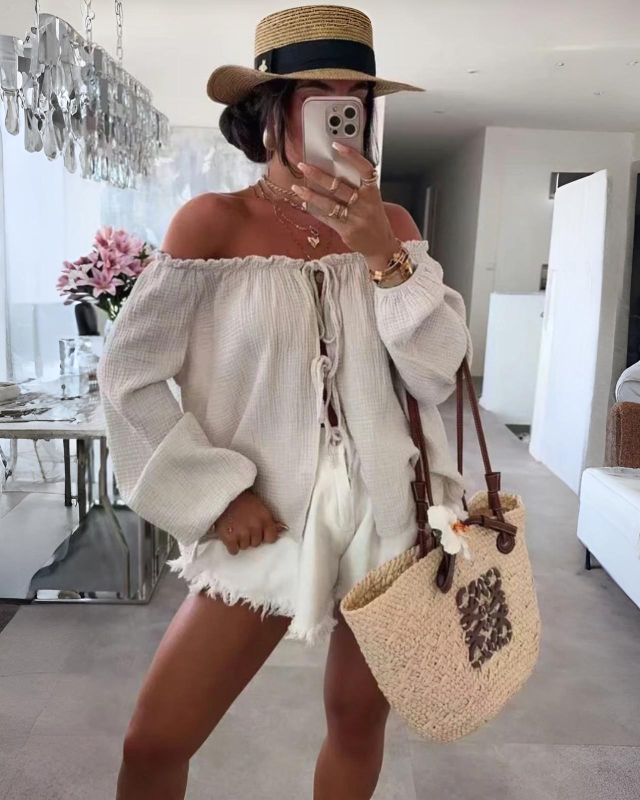 MUSSELIN KNOTEN BLUSE "MELA" BEIGE
