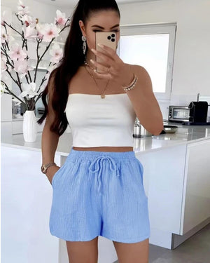 MUSSELIN SHORTS "SUNNY" HIMMELBLAU