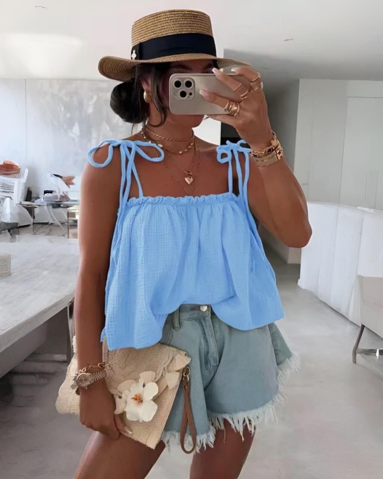 MUSSELIN TRÄGER-SHIRT "JOANA" HIMMELBLAU