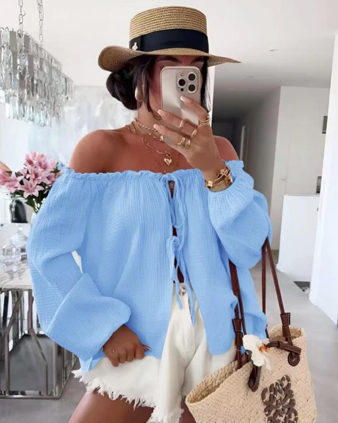 MUSSELIN KNOTEN BLUSE "MELA" HIMMELBLAU