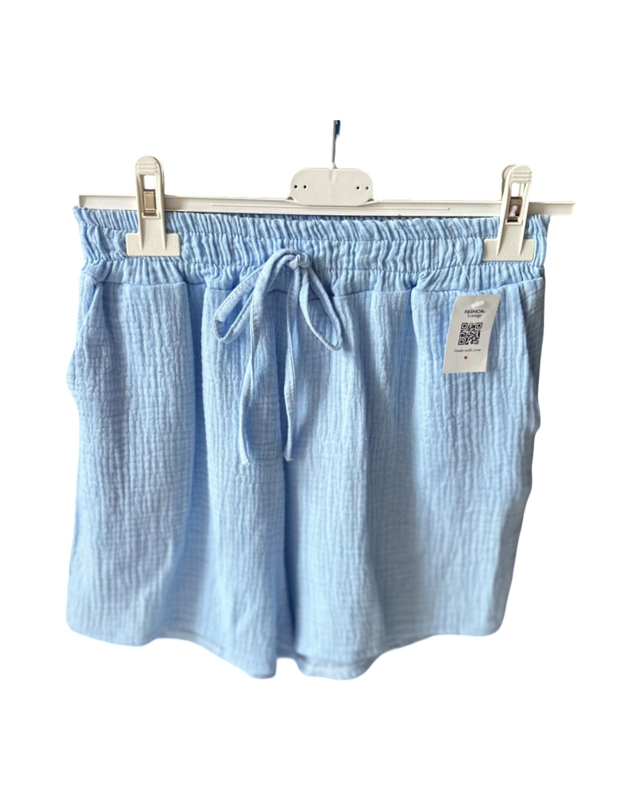 MUSSELIN SHORTS "SUNNY" HIMMELBLAU