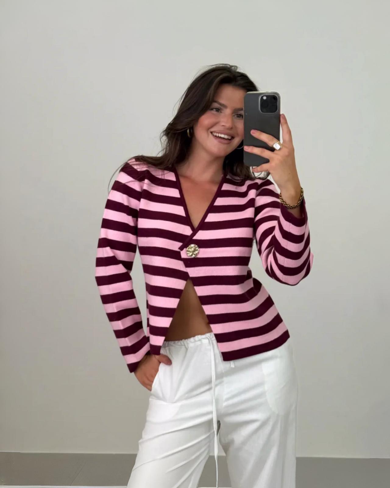 FEINER STRICK PULLOVER "FIONA" BERRY GESTREIFT
